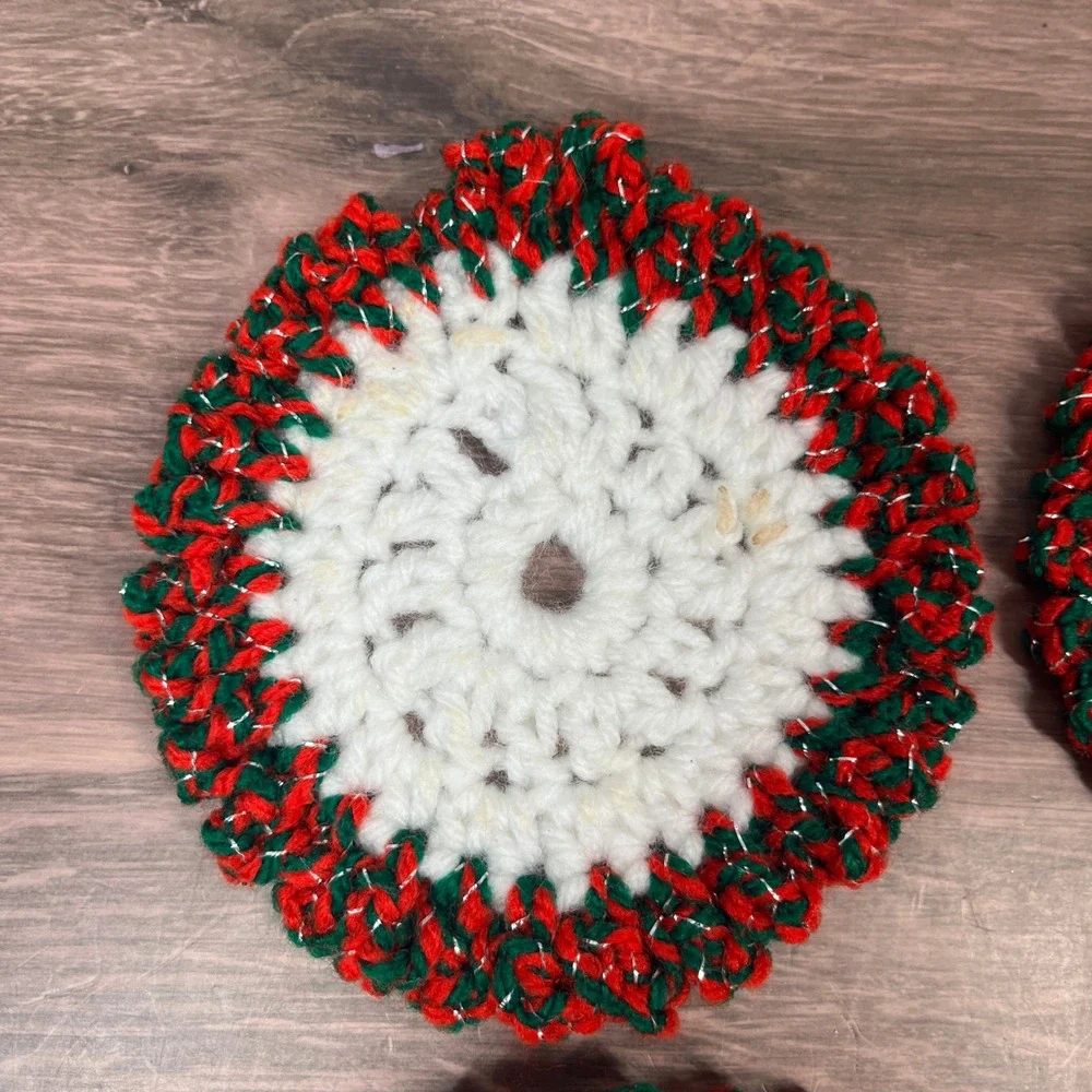 Handmade Crochet Knit Coasters‎ Red Green White Christmas Holidays Set of 7